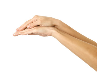 Covering and protection. Woman hand gesturing isolated on white