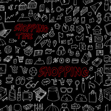 Shopping doodle background seamless pattern. Drawing illustration hand drawn vector on chalkboard eps10