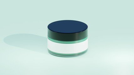 3D Rendering of cosmetic jar. With glass material, black cap, and white wrap. Suitable for cosmetic and skincare product mock up.
