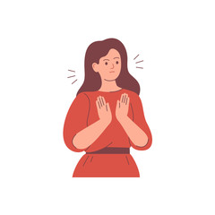 The woman says NO with gesture. The girl expresses dissatisfaction and disagreement. Body language and nonverbal communication. Vector illustration
