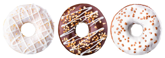 Set of glazed donuts with sprinkles on a white background