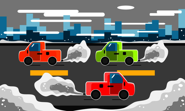 Flat cartoon cars driving on city streets emit smoke and carbon dioxide from the car exhaust which are polluting the air vector.