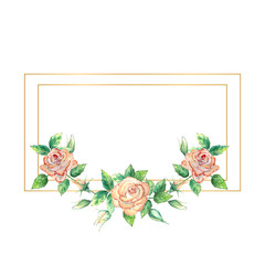 Gold geometric frame decorated with flowers. Peach roses, green leaves, open and closed flowers. Watercolor illustration