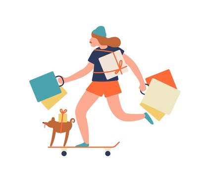 Funny hipster girl ride on skateboard hold shopping bag and gift box vector flat illustration. Happy teenage female with dog enjoying sale isolated on white. Joyful active young woman shopaholic