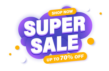 Super Sale banner, special offer and sale. Shop now or this weekend only. Up to 50 or 60 or 70 off. Discount, mega sale. Vector illustration.