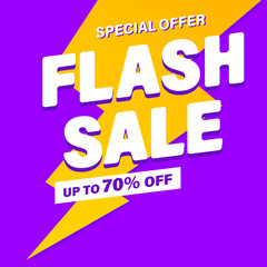 Flash Sale banner, special offer and sale. Shop now or this weekend only. Up to 50 or 60 or 70 off. Discount, mega sale. Vector illustration.