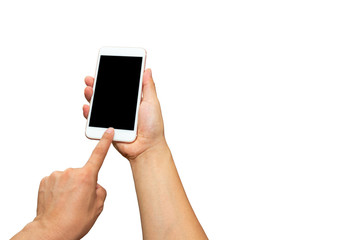 Close up man hand holding and pointing with figer on mobile phone isolated on white background. Blank screen to put it on your own webpage or message