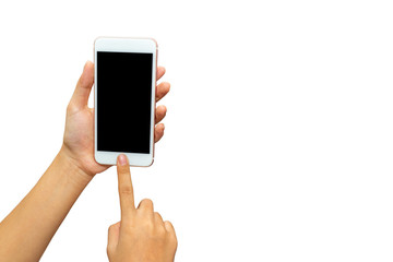 Close up women hand holding and pointing with figer on mobile phone isolated on white background. Blank screen to put it on your own webpage or message