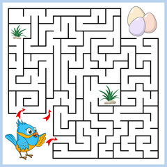 Help Bird to find the right path to eggs, bush, grass. 3 entrances, 3 way. Square Maze Game with Solution. Answer under the layer. Labyrinth conundrum for kids. Education worksheet. Cute cartoon style