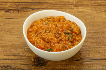 Traditional Georgian Kharcho soup with meat