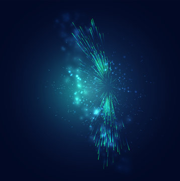 Green And Blue Fireworks In The Night Sky, Festive Vector Set Of Sparks And Moods