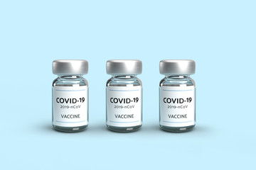 3 bottles of covid-19 vaccine on blue backgound