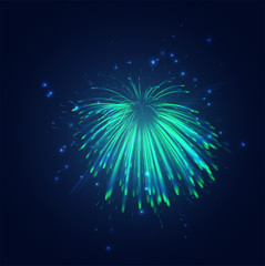 green and blue fireworks in the night sky, festive vector set of sparks and moods