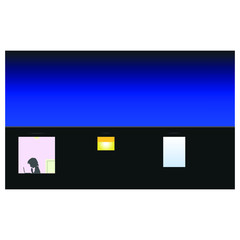 
Vector graphic. man in the window of the house, night