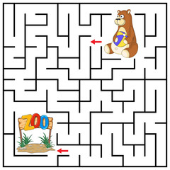 Maze or Labyrinth for Children with cartoon Bear. Find right way to the Zoo. Answer under the layer. Square puzzle Game. Labyrinth conundrum. Education worksheet. Activity page. Logic Games for kids