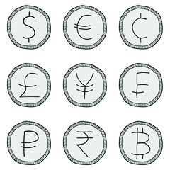 Vector image of nine world currencies, imitation of freehand drawing. Icons of dollar, euro, cent, pound, yen, franc, ruble, rupee, bitcoin in the form of silver coins.