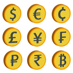 Vector image of different world currencies, nine options in volumetric style. Icons of dollar, euro, cent, pound, yen, franc, ruble, rupee, bitcoin in 3d style.