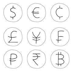 Vector image of different currencies of the world, nine options for illustrations of imitation freehand drawing. Icons of dollar, euro, cent, pound, yen, franc, ruble, rupee, bitcoin in a sloppy style