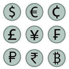 Vector image of nine world currencies. Icons of dollar, euro, cent, pound, yen, franc, ruble, rupee, bitcoin in the form of silver coins. Flat icons.