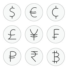 Vector image of nine world currencies. Icons of dollar, euro, cent, pound, yen, franc, ruble, rupee, bitcoin. Gray icons with a black outline and black symbols. Flat rounded coins.
