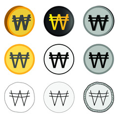 Vector illustration of South Korean currency, nine won options in vector. South Korean Won icons in different styles.