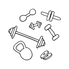 Set of gym equipment. Dumbbell line icon. Hand drawn vector illustration