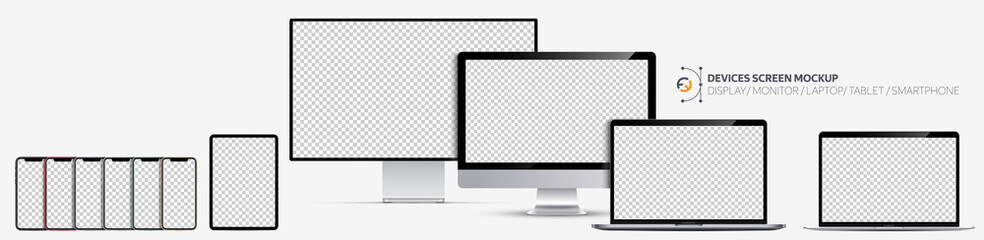 Device screens mockup. Display, Monitor, Laptop pro and thin, tablet and smartphone all colors with blank screens for you design. Realistic vector illustration EPS10
