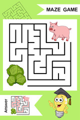 Simple Labyrinth with funny Hippo isolated on colorful background. Find right way to the Cabagge. Entry and exit. With Answer. Education worksheet. Activity page. Logic Games for kids. Cartoon style.