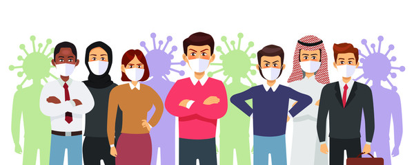 People wearing masks protecting themselves from the virus. vector illustration.