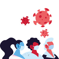 woman and men avatars cartoons with masks and covid 19 virus vector design