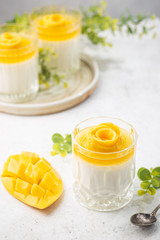 Fototapeta na wymiar Italian dessert panna cotta with mango in glass on white background