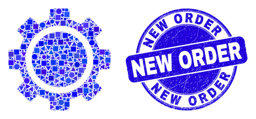 Obraz premium Geometric gear mosaic icon and New Order watermark. Blue vector round distress watermark with New Order phrase. Abstract mosaic of gear done of round, tringle, square geometric spots.