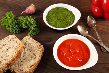 Green and red sauces.