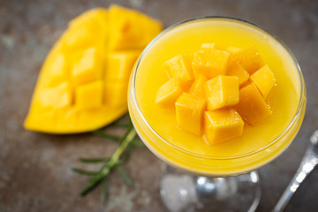 Italian dessert panna cotta with mango in glass on gray background