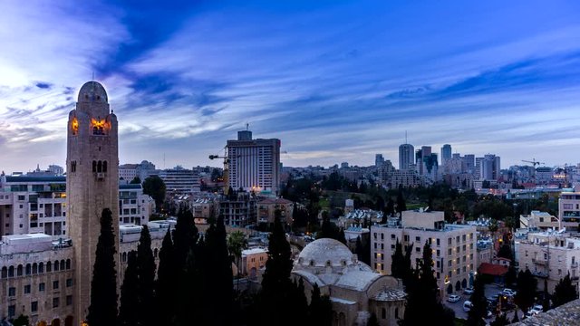 Sunset time lapse of the YMCA building and the West Jerusalem, Israel