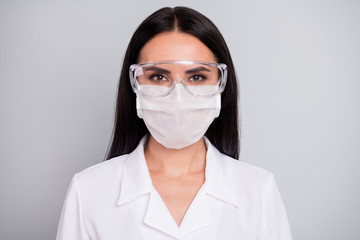 Close-up portrait of her she nice attractive confident skilled experienced qualified girl surgeon dentist dentistry dental clinic owner orthodontist isolated over grey pastel color background