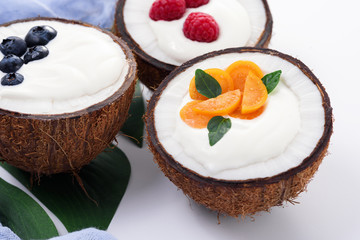 ice cream with berries in coconut bowls, milkshake on white background, exotic dessert