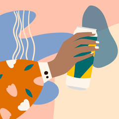 Female hand holding glass of beer. Woman's hand in bright clothes with memphis pattern holding glass. Picture on abstract background. Alcohol drink. Concept of beer lover. Flat vector illustration