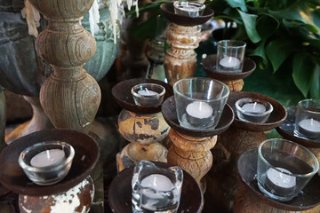 Close up wooden candle holders