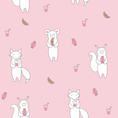 Obraz premium Vector seamless pattern with baby animals and sweets. Pastel colours background
