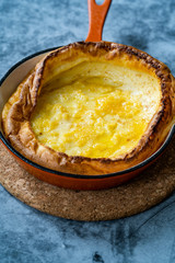 Dutch Baby German Pancake Plain Style in Iron Skillet Pan.
