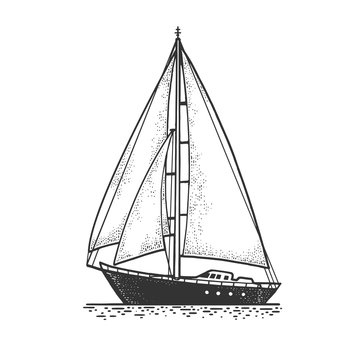sailing yacht boat sketch engraving vector illustration. T-shirt apparel print design. Scratch board imitation. Black and white hand drawn image.
