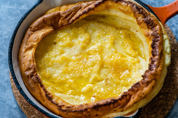 Dutch Baby German Pancake Plain Style in Iron Skillet Pan.