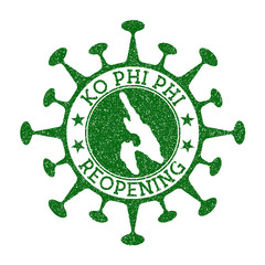 Ko Phi Phi Reopening Stamp. Green round badge of island with map of Ko Phi Phi. Island opening after lockdown. Vector illustration.