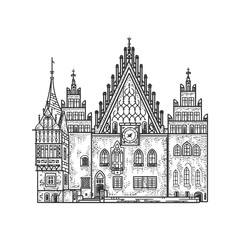 Wroclaw Old Town Hall building sketch engraving vector illustration. T-shirt apparel print design. Scratch board imitation. Black and white hand drawn image.