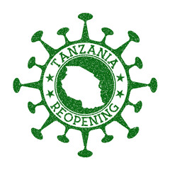 Tanzania Reopening Stamp. Green round badge of country with map of Tanzania. Country opening after lockdown. Vector illustration.