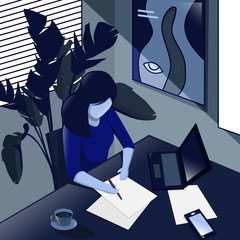 A girl is working hard in flat design