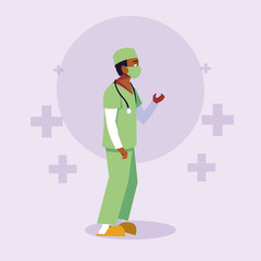 Man doctor with uniform and mask in front of crosses vector design