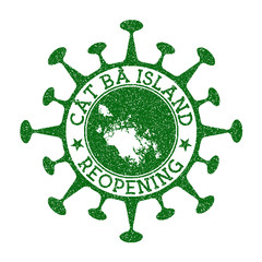Cat Ba Island Reopening Stamp. Green round badge of island with map of Cat Ba Island. Island opening after lockdown. Vector illustration.
