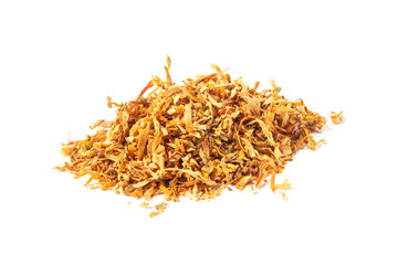 heap of virginia gold tobacco on a white background. isolate